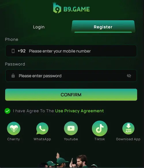 register and login in b9 game